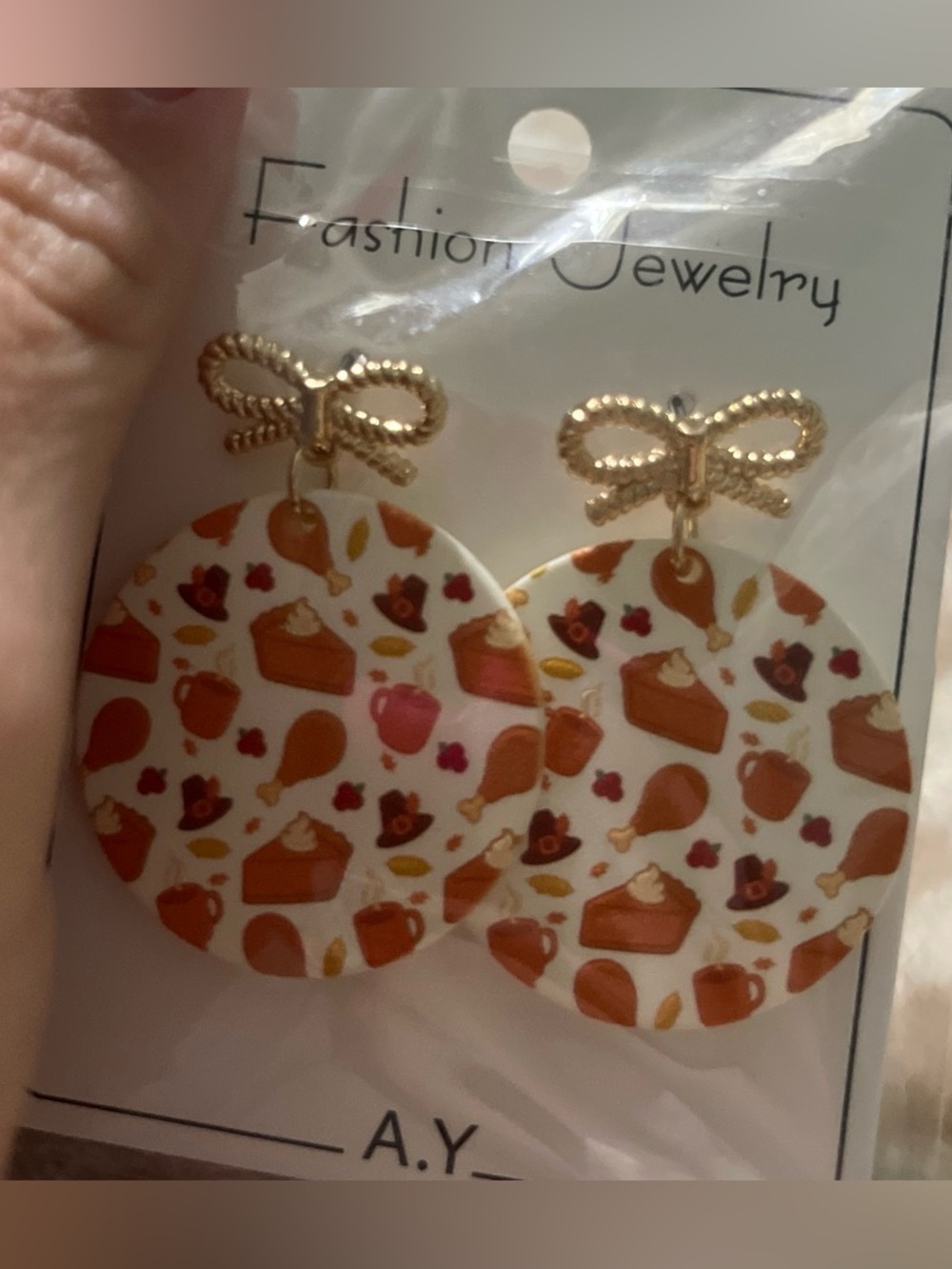 Gold Bow Fall Dessert Print Drop Earrings - Orange & White